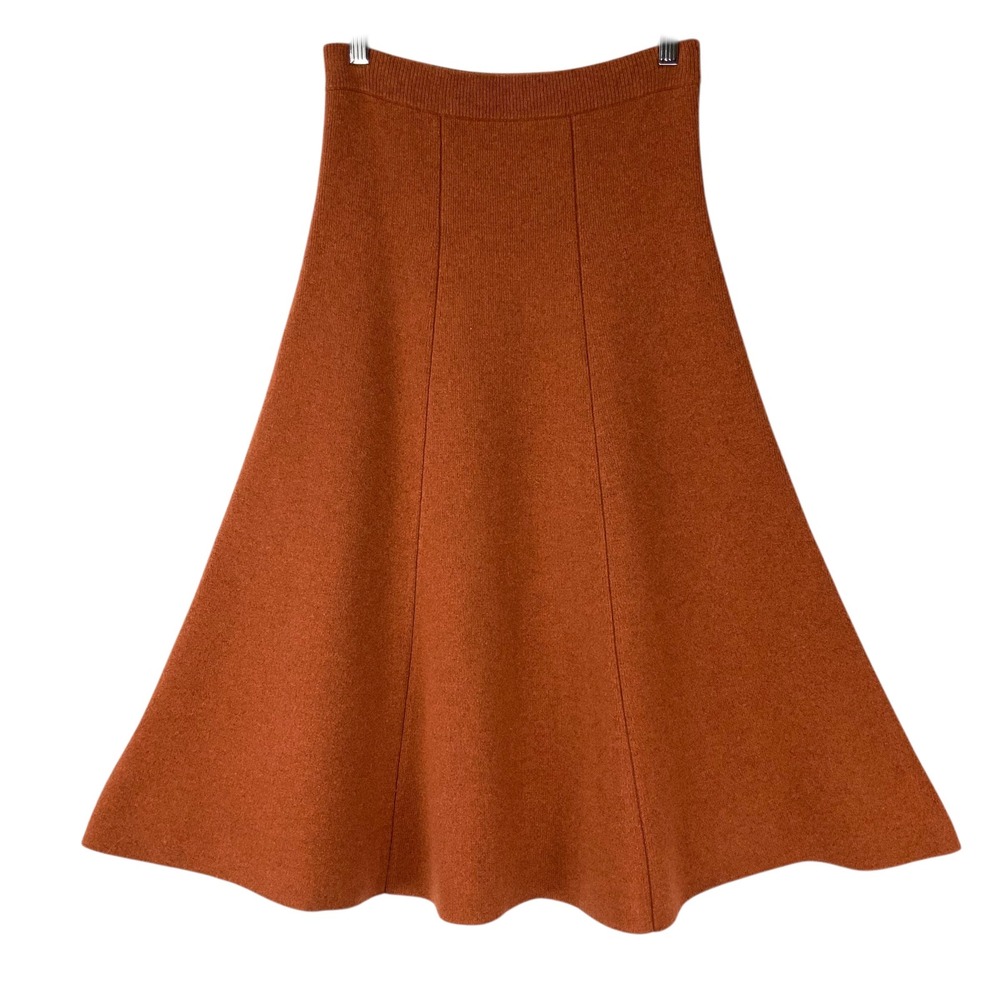 Thousands Luxe Rust Orange Wool A-Line Skirt S Elastic Waist Midi Seamed Knit